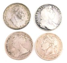 Four George III and later crowns, comprising 1825, 1837, 1708 and 1700, 53g all in. (4)