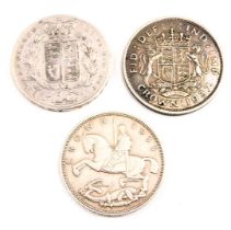 Three Victorian and later silver crowns, comprising George V 1935, George VI 1937 and Victoria 1844,