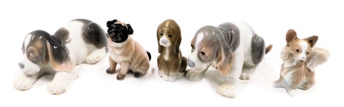 A group of Lladro porcelain, to include two bloodhounds, etc., together with a Royal Copenhagen mode