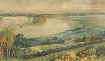 After C Graham. Niagara Falls from Michigan Central Train, railway print or poster, 47cm x 72cm.