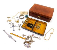 A brown leatherette jewellery box and contents, to include silver charm bracelet, silver bangle, dre