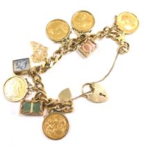 A 9ct gold charm bracelet, on curb link bracelet with safety chain and heart shaped padlocks, arrang