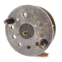 An engineered aluminium and brass mounted fly fishing reel, with turned wooden handles, unmarked, 12