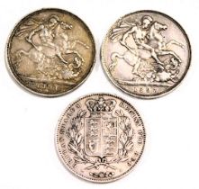 Three Victorian silver crowns, comprising 1891, 1897 and 1845, 84.4g all in. (3)