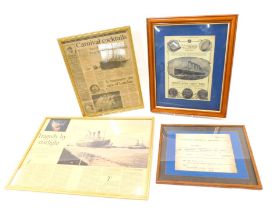 A facsimile telegram relating to Titanic and other reproduction memorabilia.