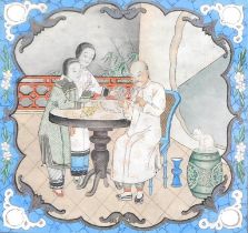 19thC Oriental School. Figure trying on glasses, watercolour within elaborate cartouche, 13cm x 14cm