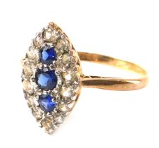 A 9ct gold dress ring, with marquise shaped central decoration set with sapphires and tiny diamonds,