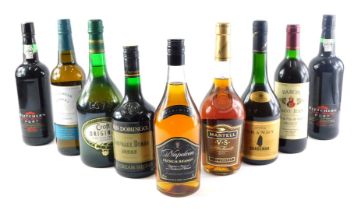 A collection of spirits, etc., to include Martell V.S cognac, Napoleon brandy, various types of sher