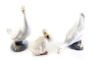 Three Nao porcelain figures, modelled as geese in differing poses, the largest 16cm high, each boxed