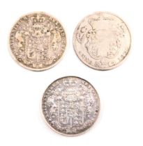 Three George IV and later silver half crowns, comprising 1825, 1826 and 1820, 41.1g all in.