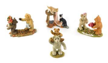 A collection of four Sherratt and Simpson figures, to include a pair of kittens on a stool, bear sat