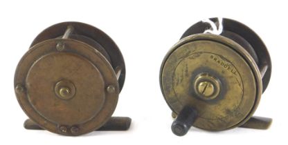 A small brass fishing reel stamped Braddell, 6cm diameter, and a small brass fishing reel with bone