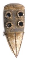 A Grebo (Kru) four eyed warriors spiritual Maou mask with moveable jaw and white Kaolin pigment, Lib