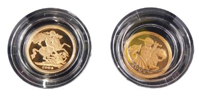 A Royal Mint gold proof half sovereign set, enclosing two half sovereigns dated 2004 and 2005, with