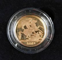 A Royal Mint gold proof full gold sovereign dated 2008, with certificate of authenticity number 2663