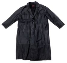 A Highlander black leather full length coat, made in china, size XL.