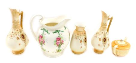 A pair of Fieldings blush ivory ground ewers, a vase, wash jug, and a Price Bros Kensington