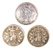 Three George IV and later silver half crowns, comprising 1825, 1883 (x2), 27.1g all in. (3)