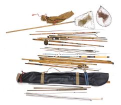An aluminium gaff, with screw attachment, bamboo handle, and various fishing rods, landing nets, etc