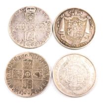 Four Queen Anne and later silver half crowns, comprising 1816, 1707, 1700 and 1834, 42.7g all in.