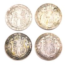 Four Edward VII silver half crowns, comprising 1908, 1906, 1902 and 1907, 55.5g all in. (4)
