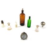 Miscellaneous items, to include a brown chemist bottle, smaller green example, a West Clox Baby Ben