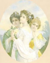 19thC School. Three maidens emblematic of Britain holding shamrock, thistle, etc., chromolithograph,