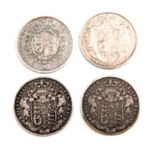 Four George III and later silver crowns, comprising 1817, 1829, 1826 and 1836, 41.5g all in.