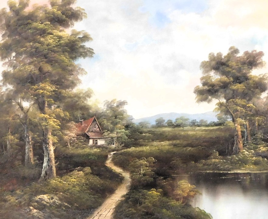 20thC School. Rural scene with cottage and lake, oil on canvas, unsigned, 50cm x 60cm.