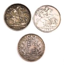 Three Victorian silver crowns, comprising 1896, 1887 and 1845, 84g all in. (3)