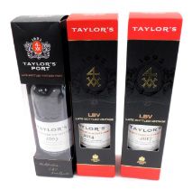 Three bottles of Taylor's Late Bottled Vintage port, 2005, 2014 and 2017, boxed.