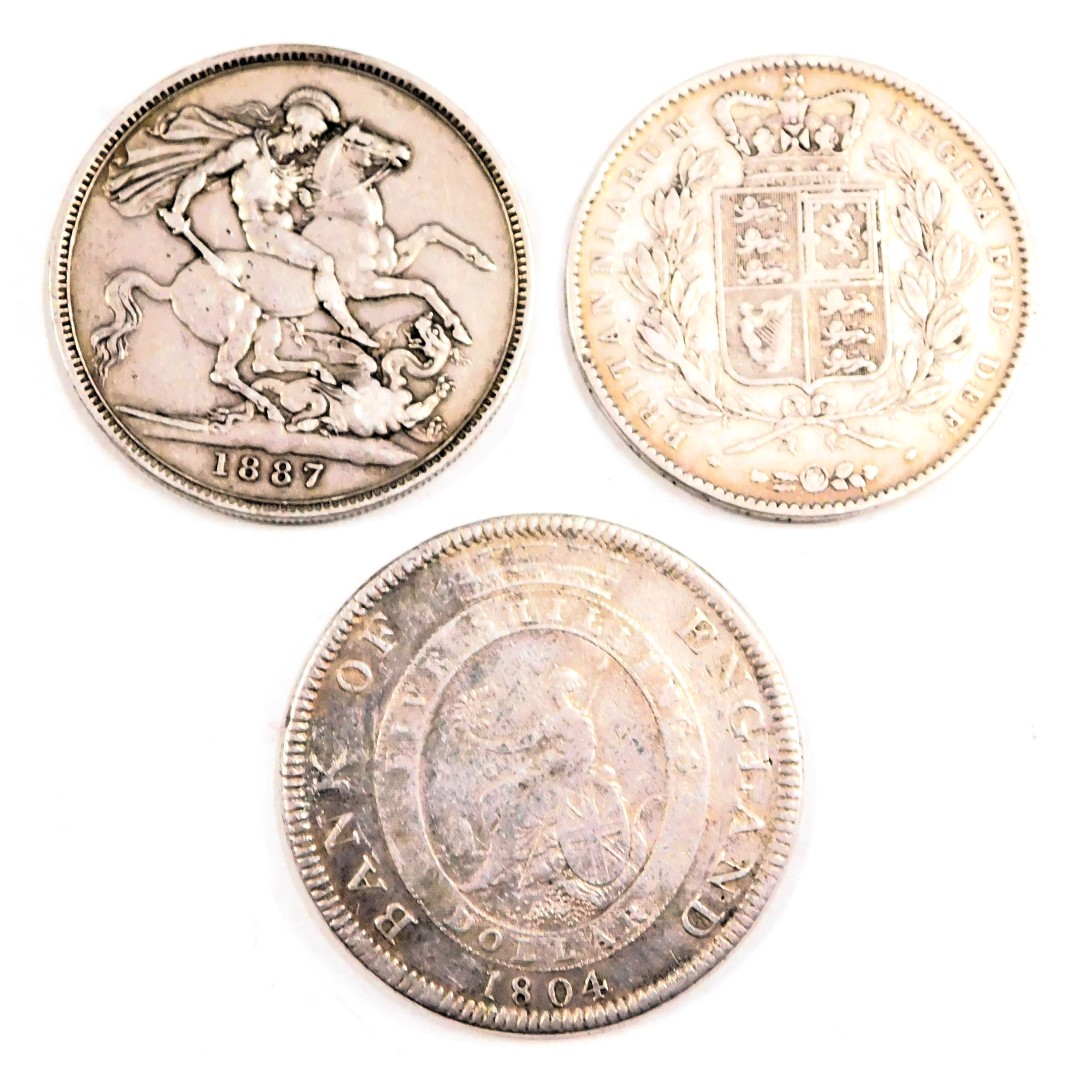 Three George III and later silver crowns, comprising Bank of England 1804, 1847 and 1887, 82.8g all