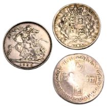 Three 17thC and later silver crowns, comprising 1696, 1847 and 1896, 85.1g all in. (3)