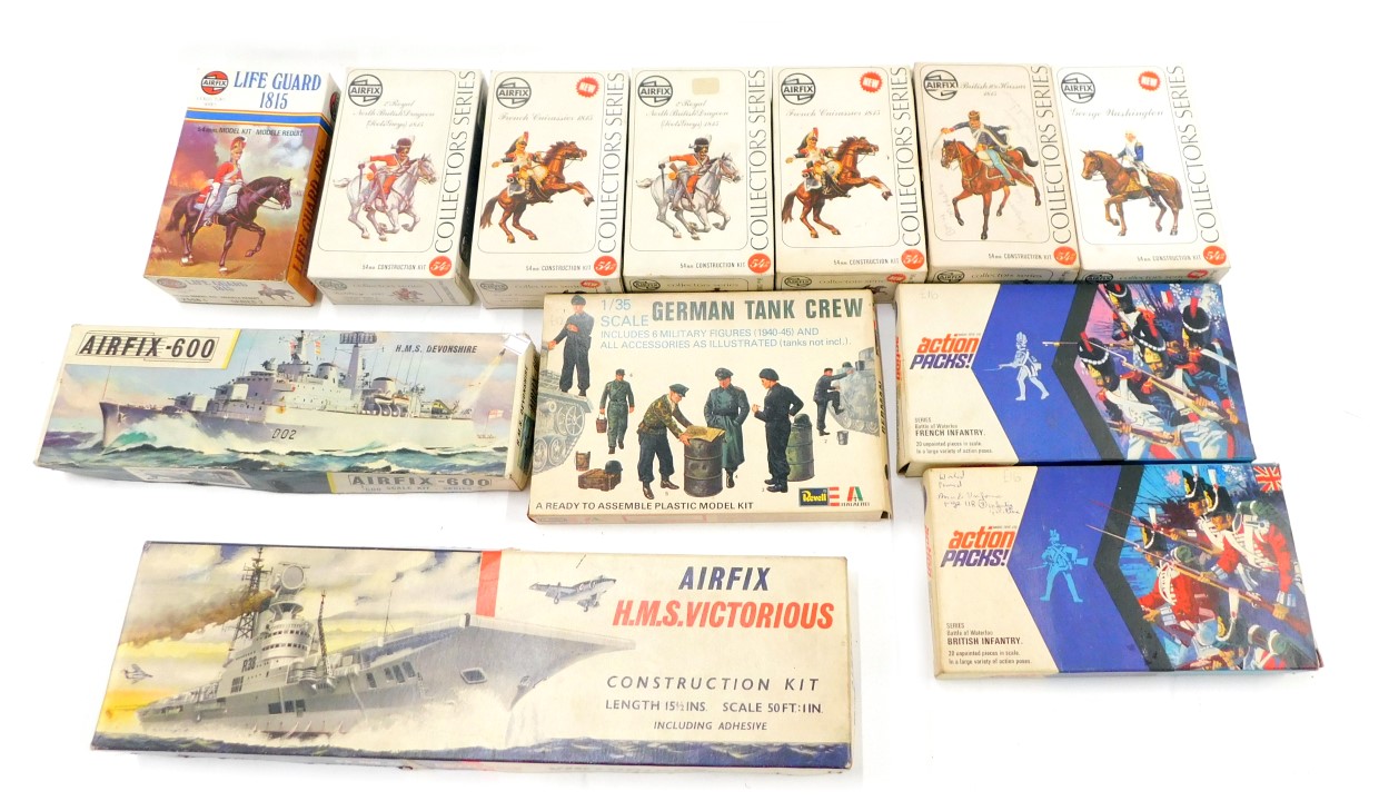 A quantity of Airfix model soldiers on horseback, a German tank, ship, etc.