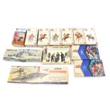 A quantity of Airfix model soldiers on horseback, a German tank, ship, etc.