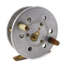 An aluminium, brass and horn fly fishing reel, stamped A Carter & Co Limited London, 7.5cm diameter.