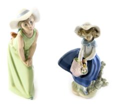 Two Lladro porcelain figures, modelled as a young girl holding basket of flowers, printed marks, 18c