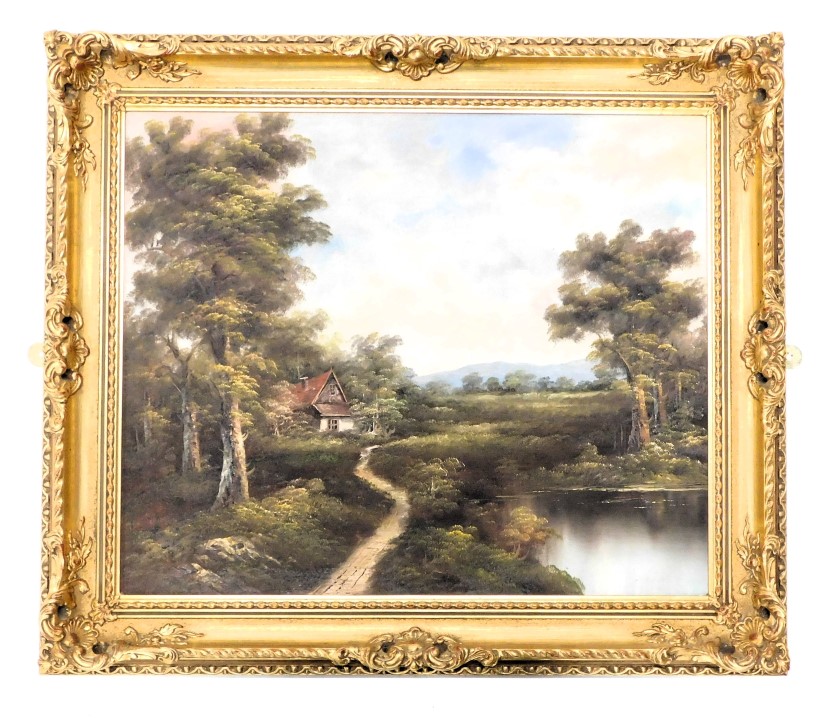 20thC School. Rural scene with cottage and lake, oil on canvas, unsigned, 50cm x 60cm. - Image 2 of 2