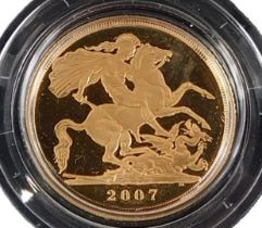 A Royal Mint United Kingdom gold proof full gold sovereign, dated 2007, with certificate of authenti