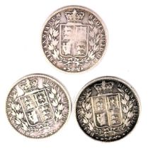 Three Victorian and later silver half crowns, comprising 1846, 1833 and 1885, 41.4g all in. (3)