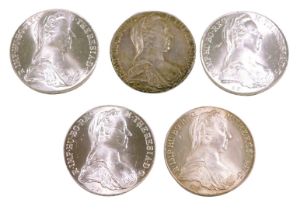 Five Maria Theresa Austrian Thalers, dated 1780.