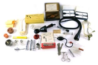 Two boxes containing various items of vintage dental equipment, to include a Rybar inhaler with mask