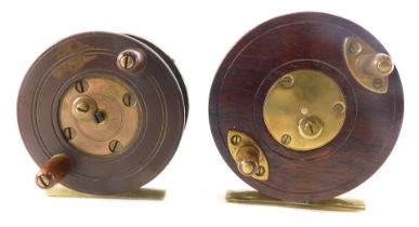 Two similar metal and mahogany fishing reels, each with bone handles, 9cm and 8cm diameter respectiv