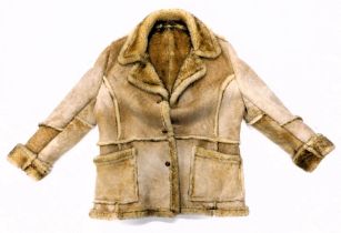 A pale coloured sheepskin coat, with faux fur, size unknown.