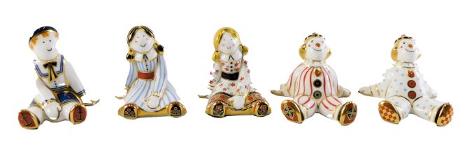 Five Royal Crown Derby porcelain paperweights from the Treasures of Childhood series, comprising Rag