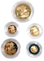 A Royal Mint The Sovereign cased sovereign set, comprising five pound, two pound, full, half, and