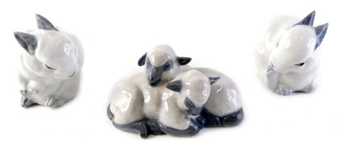 A Royal Copenhagen figure group of two lambs, numbered 2969, a rabbit numbered 22685, another number