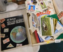 Various Famous Footballers collectors cards, used stamps, postcards, All Nations stamp album contain