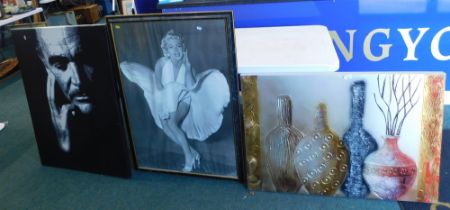 Pictures and prints, comprising modern art canvases, Marilyn Monroe print. (3)