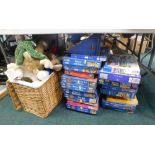 Wicker basket of soft toy bears, various jigsaw puzzles.